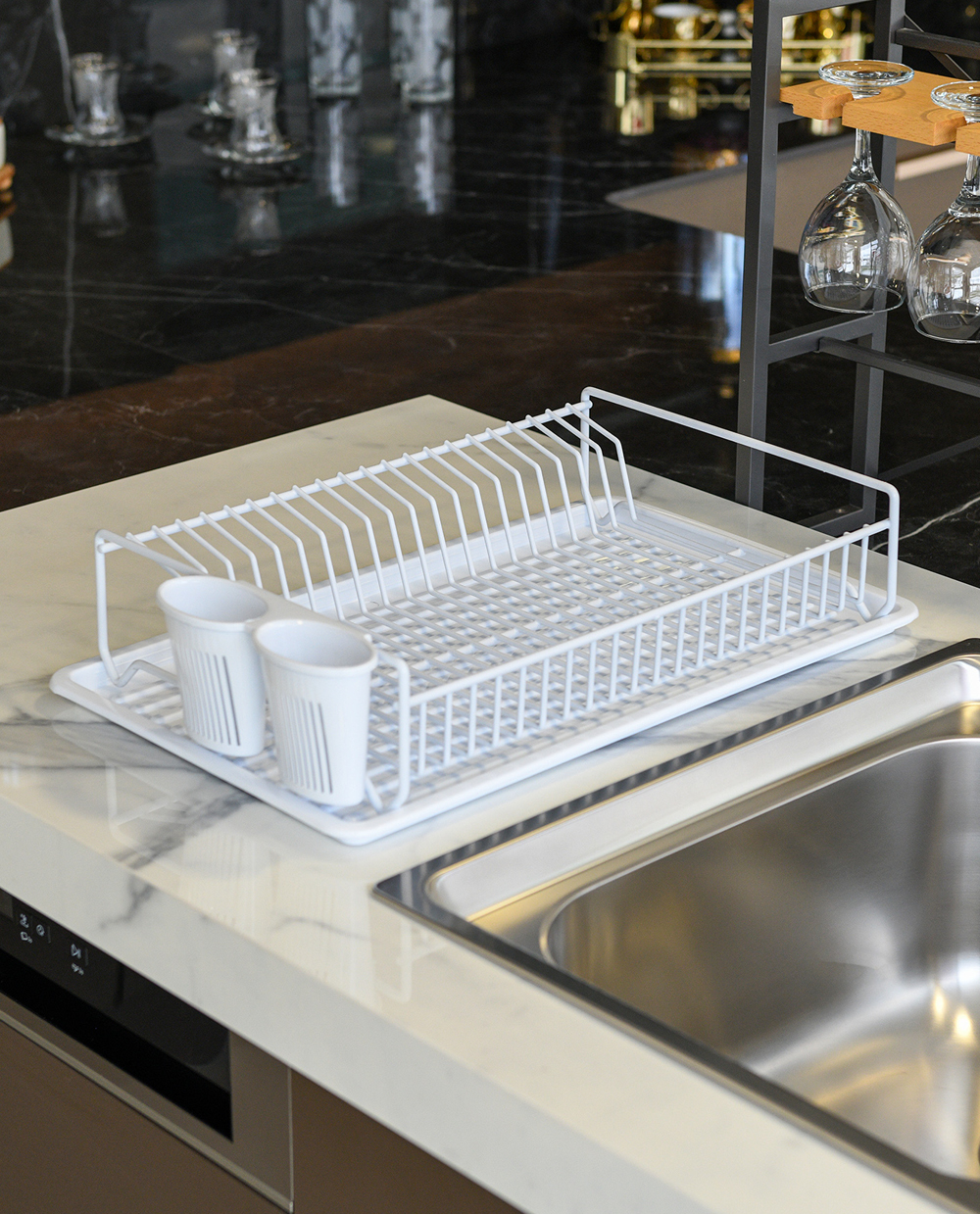 Two Tier Portable Dish Drying Rack White PE Plated (50cm) - Zensan