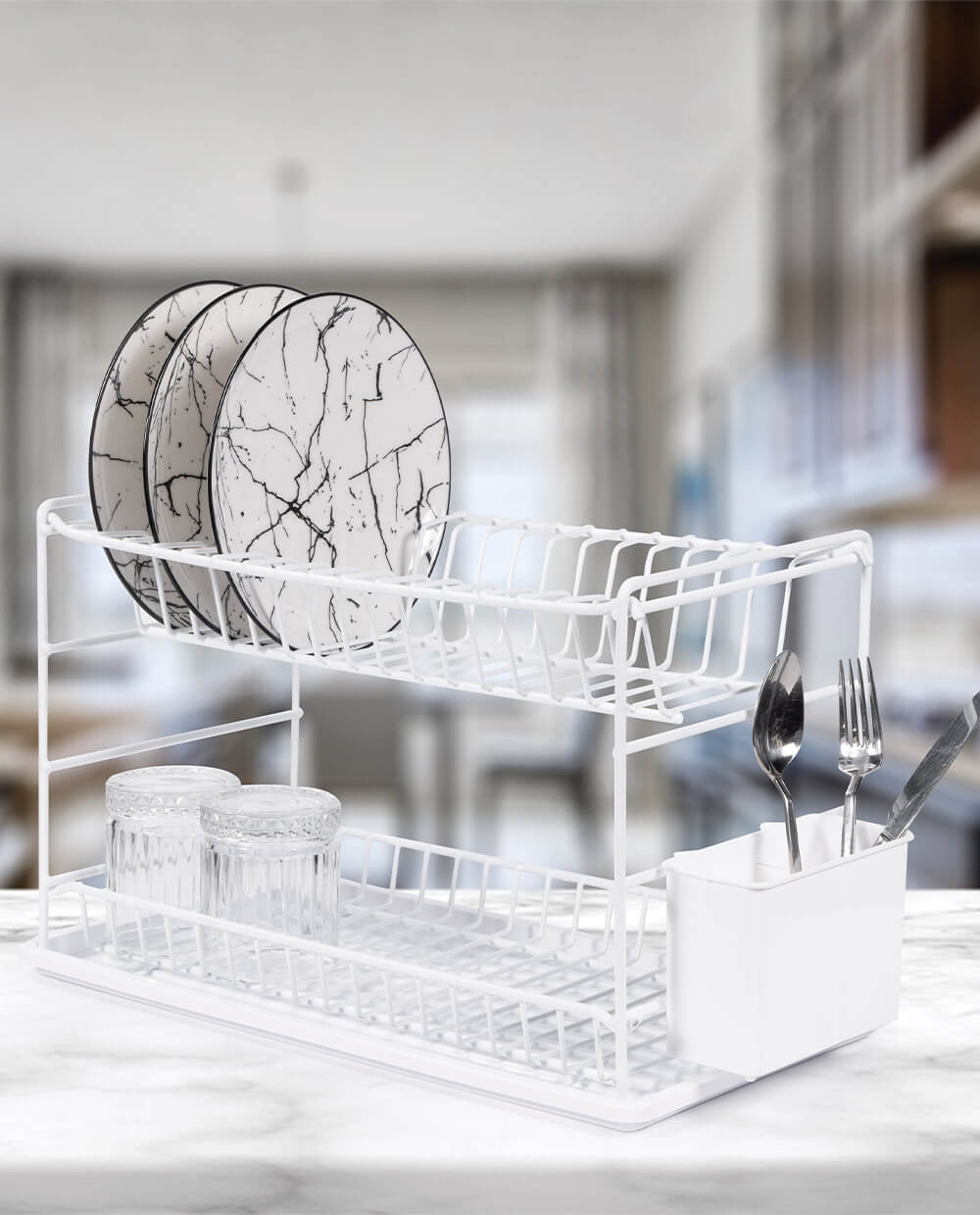 Two Tier Portable Dish Drying Rack (60cm) White PE Plated - Zensan