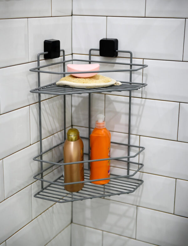 İki Katlı Banyo Köşe Rafı Kare Antrasit PE Kaplama